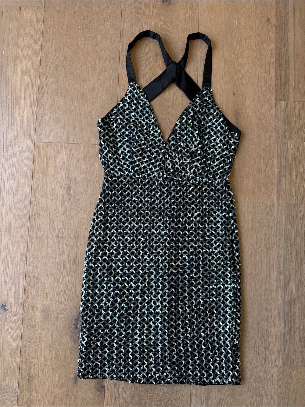 Hello Molly Black & Blue Sequin Lattice Cross-Back Mini Dress, Size 4, Worn Once